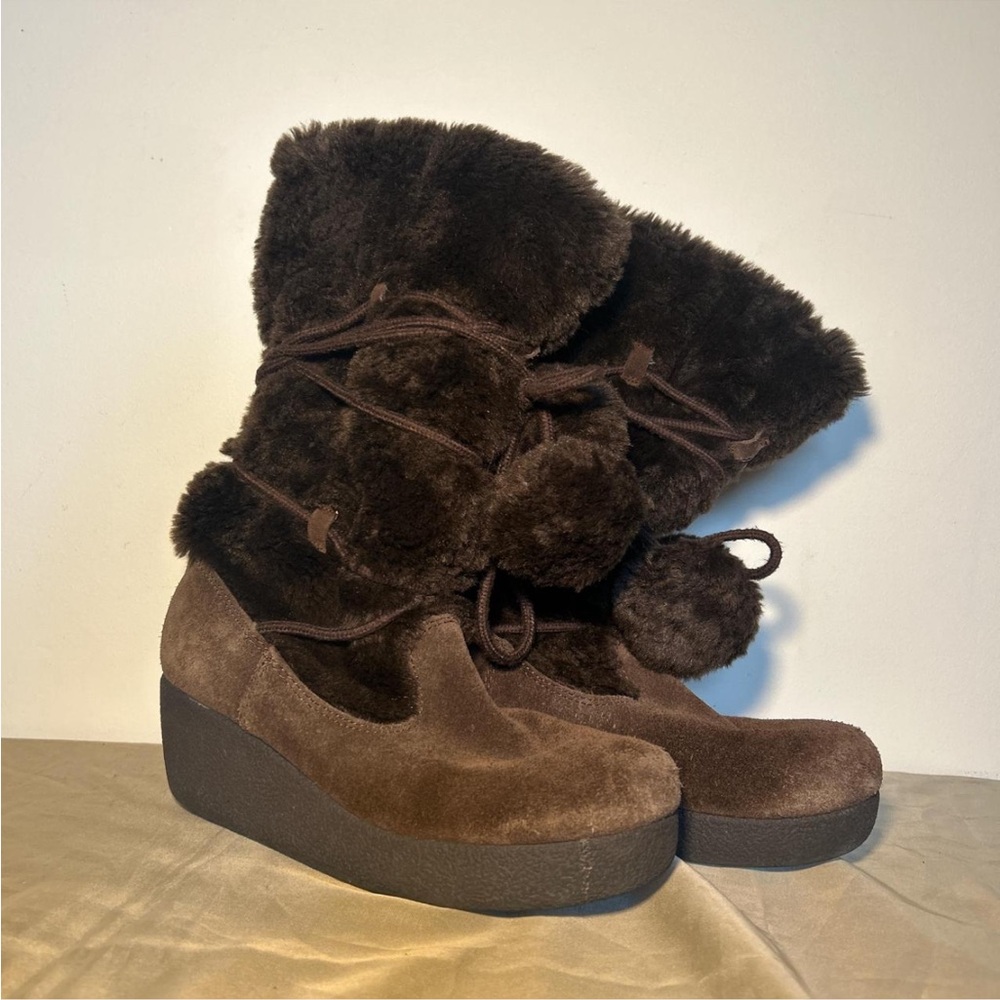 Y2K Brown Faux-Fur Pom Pom Wedge boots